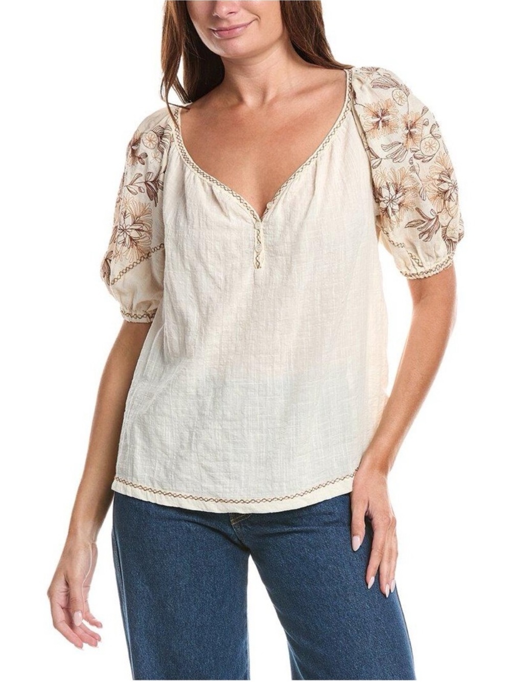 Max Studio Cream Boho Blouse with Brown Embroidered Floral Puff Sleeves NWT!